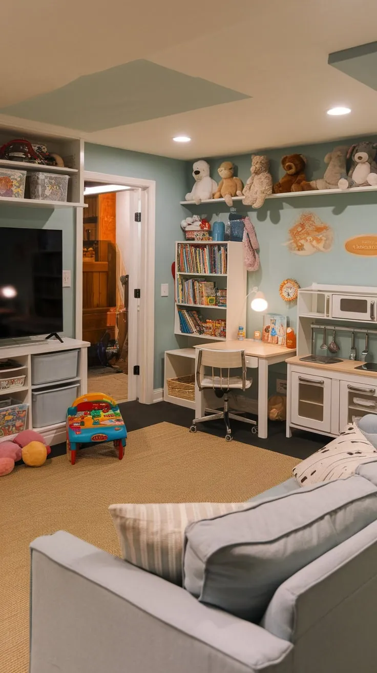 This basement playroom provides a versatile space for kids' imaginative play and family relaxation, featuring a comfy couch, TV, toys, books, and a dedicated work area.