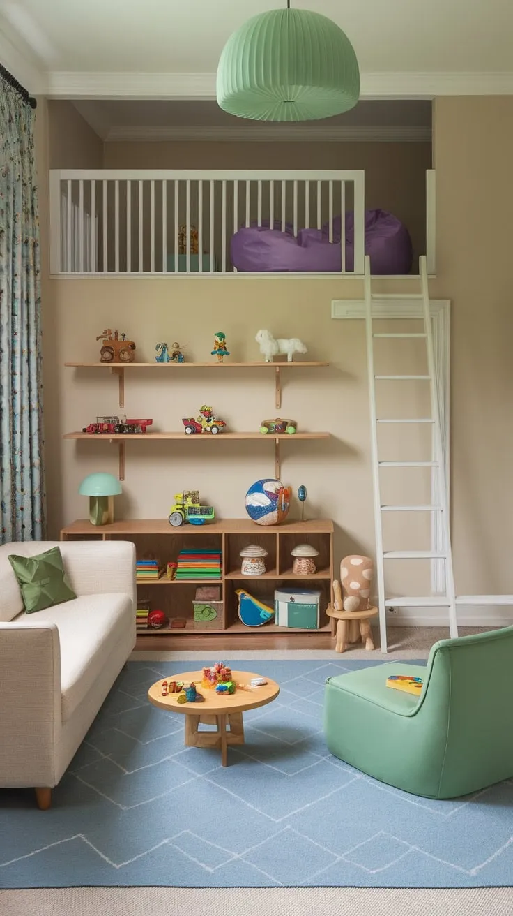 A dream playroom awaits kids, featuring a cozy seating area, imaginative loft space, and colorful accents within a calming beige backdrop.