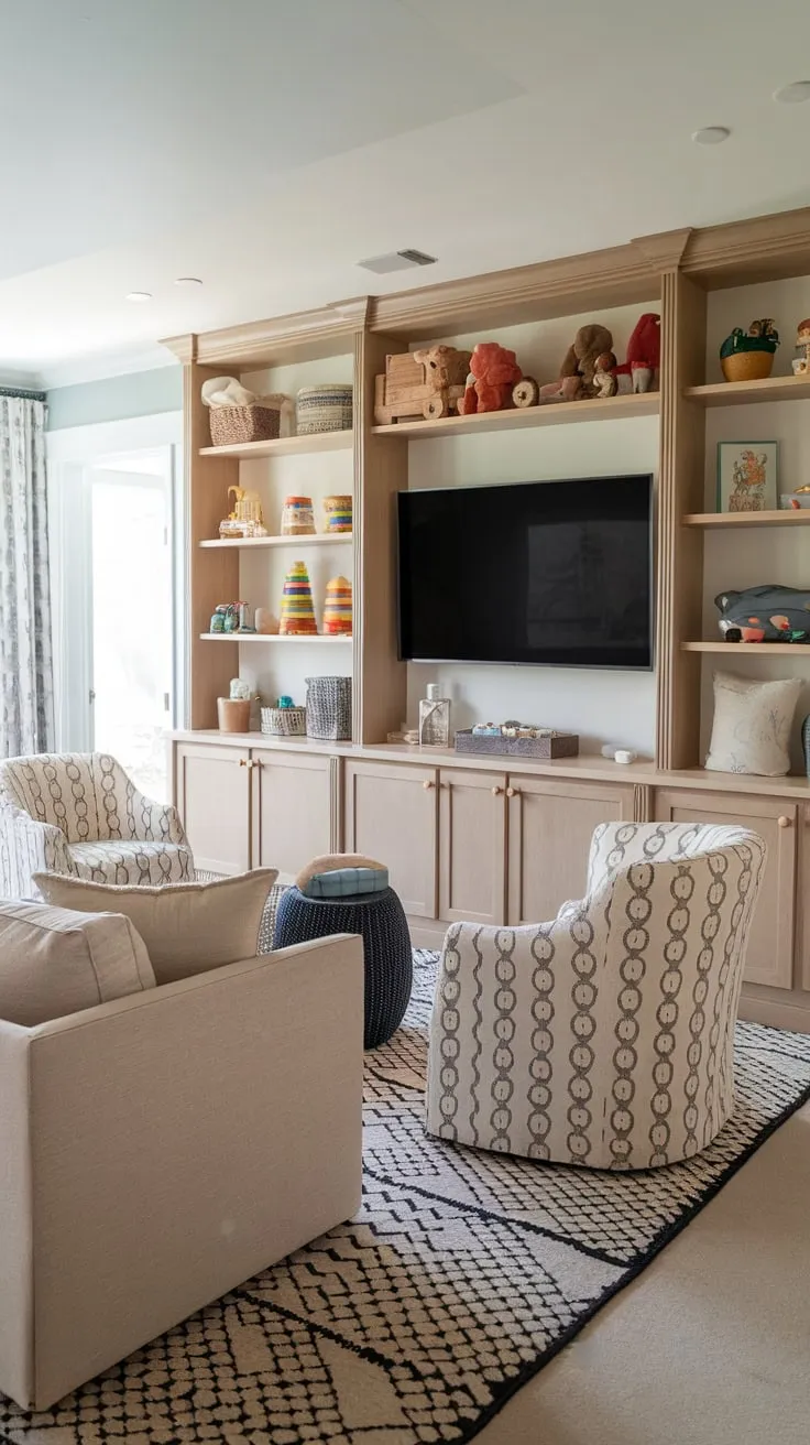 A stylish family playroom blends comfort and fun with a TV, patterned seating, and toy-filled shelves.