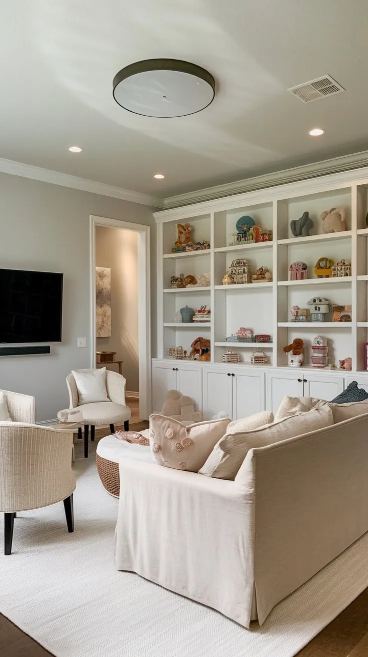 A light and airy playroom features a TV, inviting seating, and ample toy storage, creating a perfect family space.