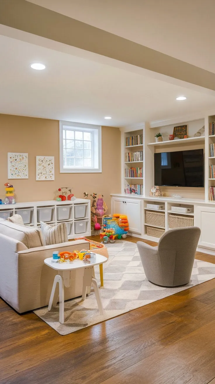 Transform your basement into a vibrant family playroom featuring a relaxing seating area, ample toy storage, and cheerful decorations.