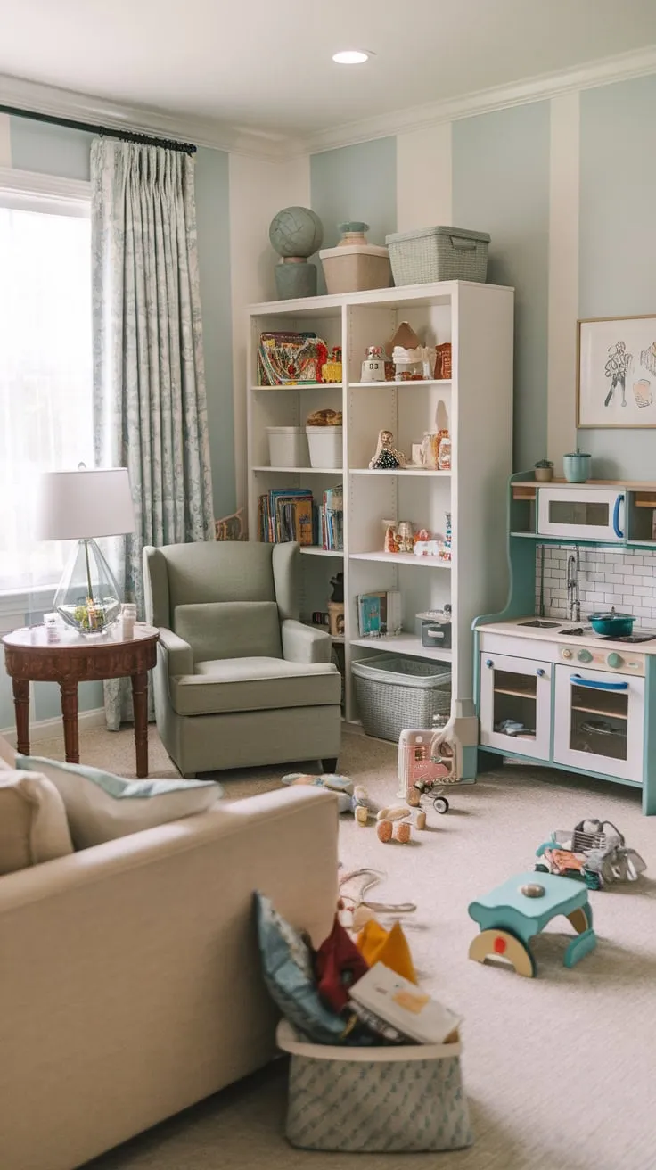 Light blue and white stripes, a beige sofa, and a toy-filled bookshelf define this dreamy family playroom where fun is always in session.