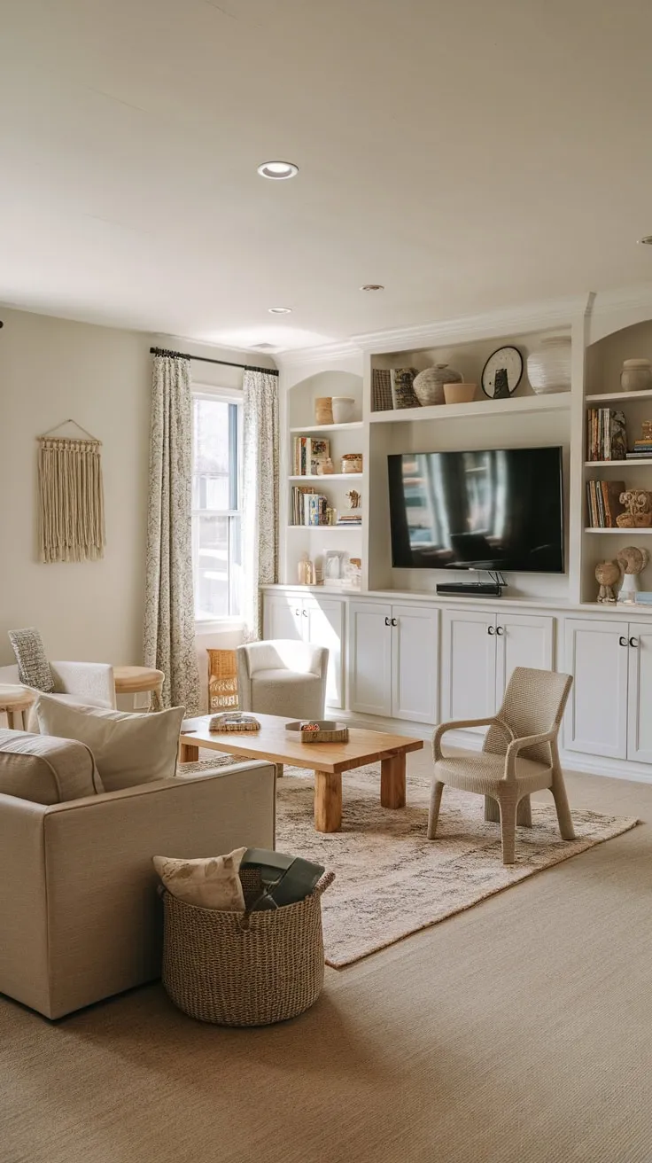 Beige walls and carpet create a calming backdrop for a family-friendly playroom featuring a TV and inviting furniture.