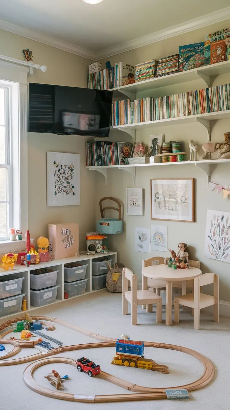 Transform your family room into a vibrant kids' playroom brimming with toys, books, and entertainment.