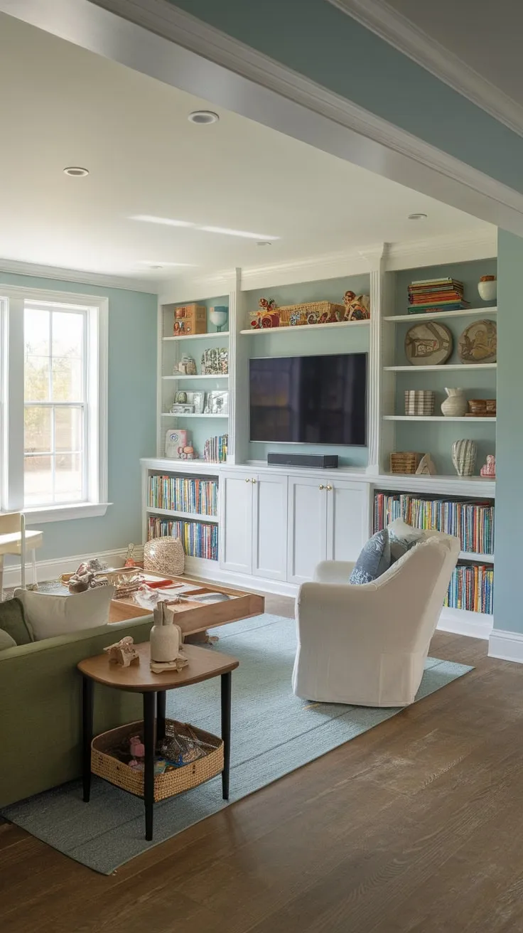 A dreamy basement playroom boasts a family-friendly atmosphere with a TV, comfy seating, and abundant toys, creating a perfect space for fun and relaxation