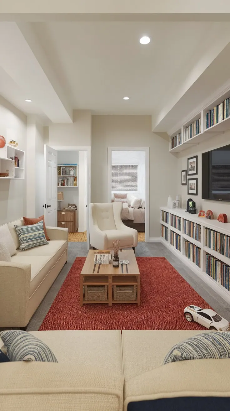 A clean and cheerful basement playroom offers both relaxation and playful engagement for the whole family.