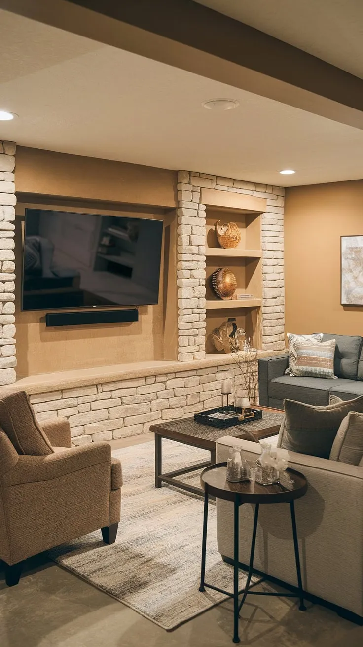 Cozy basement family room tv wall, complete with rustic stone accent walls in living room and perfect for movie nights. This basement living rooms design proves that even a lower level can be a stunning living room tv wall.