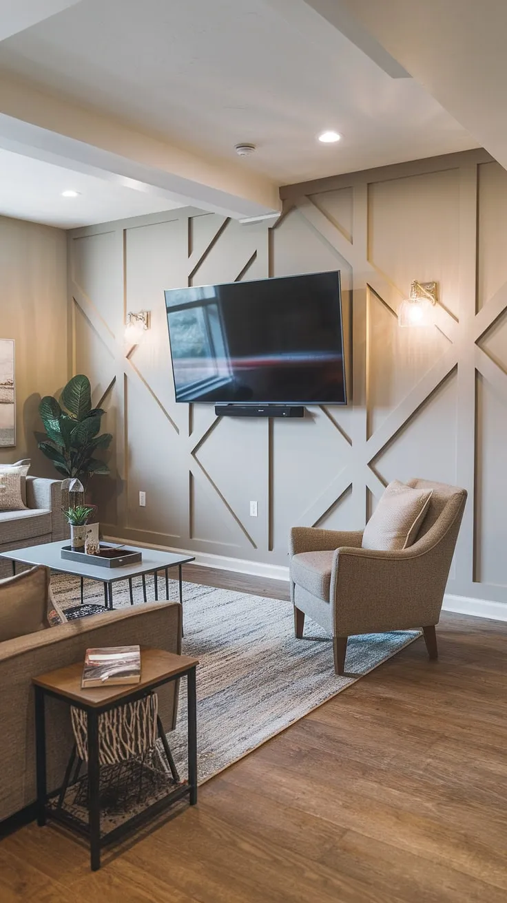 This basement family room boasts a stunning living room tv wall, featuring unique wooden paneling and a stylish light fixture. The accent walls in living room create a cozy atmosphere, perfectly complementing the comfortable sofa, chair, and coffee table. The thoughtful basement family room decor, including the potted plant, transforms this space into a welcoming family gathering area. The wooden floors add warmth to the overall design.