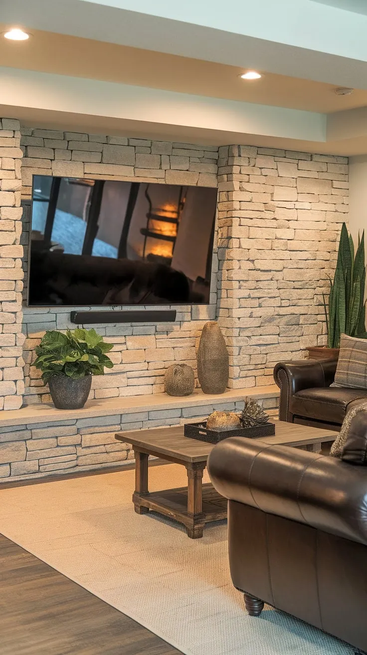 Warm and inviting, this basement family room boasts a stunning stone accent wall, the perfect backdrop for the living room tv wall. The brown leather couch and wooden coffee table create a cozy atmosphere, complemented by the beige rug and thoughtfully chosen basement family room decor. This living room wall design showcases how to transform a basement living room into a comfortable and stylish space.