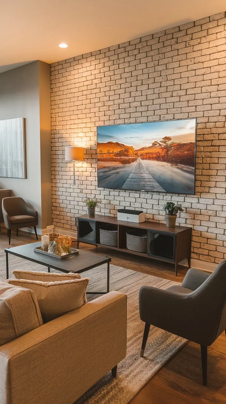 Warmth and comfort define this family room tv wall, a perfect blend of basement family room decor and stylish living room wall designs. The brick accent walls in living room add character to this cozy basement living rooms space.