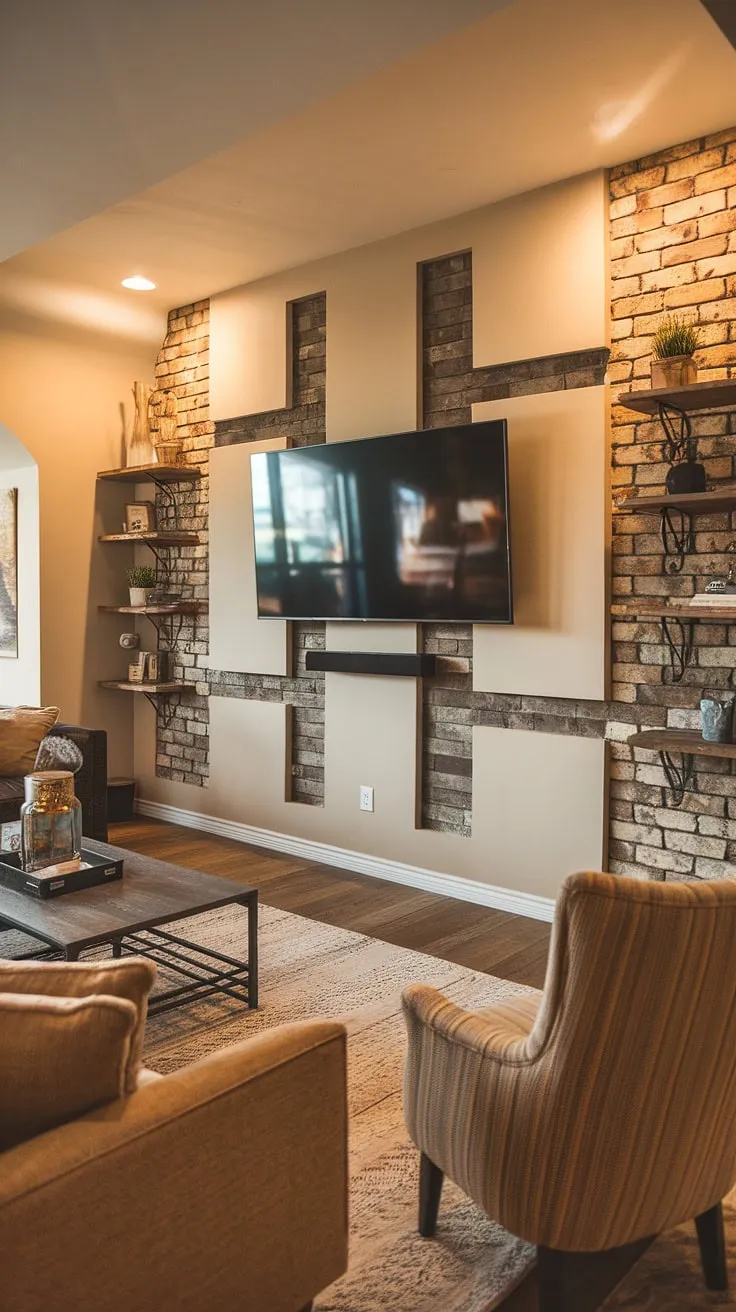 This basement living rooms transformation is complete! The living room TV wall is a showstopper, showcasing creative living room wall designs and a brick accent wall. The perfect family room TV wall for cozy evenings.