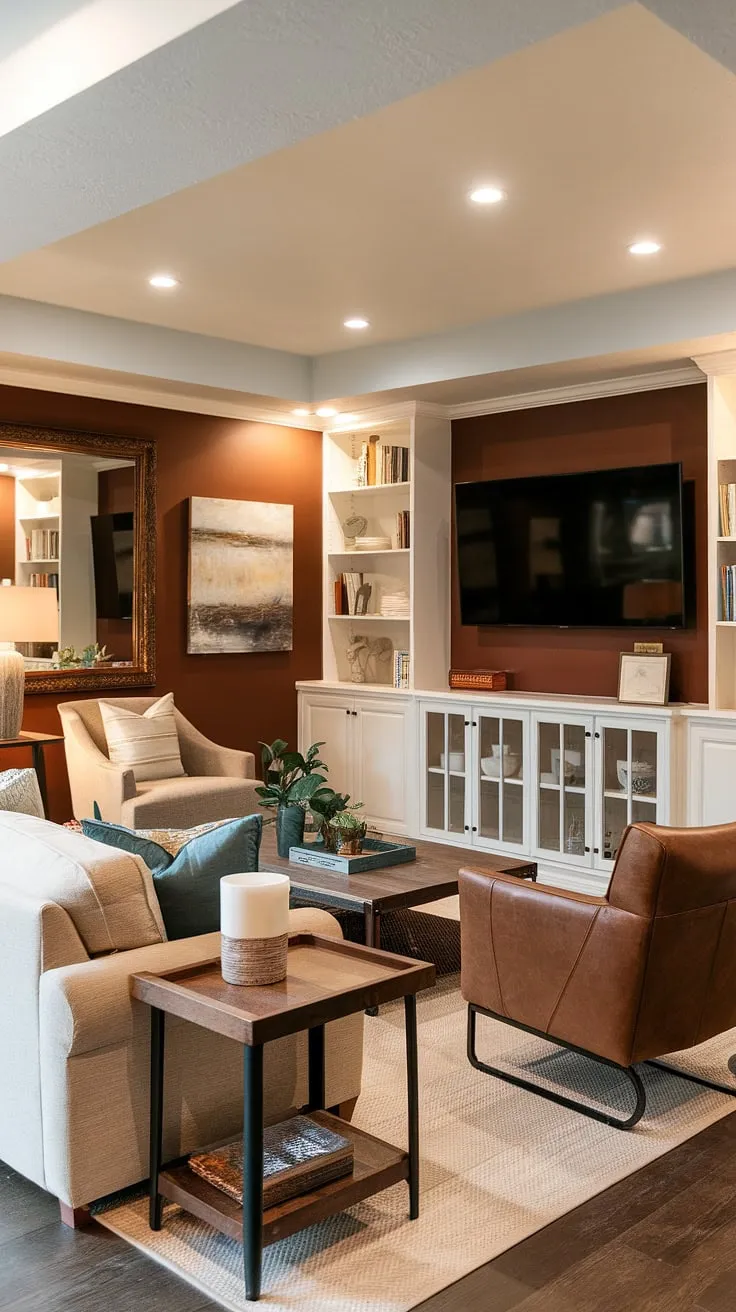 Warm lighting illuminates this cozy basement living room, featuring a family room tv wall accented with a large mirror and artwork. The beige sofa, brown leather chair, and wooden coffee table create a relaxed atmosphere, complemented by a white bookshelf and thoughtful basement family room decor. This exemplifies stylish living room wall designs perfect for basement living rooms, showcasing creative accent walls in living room and a functional living room tv wall.