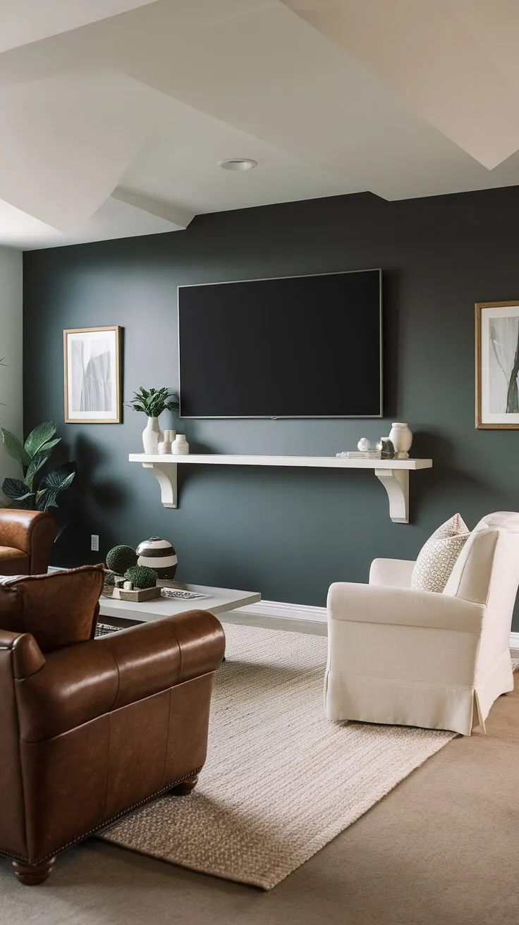 This basement family room boasts a stunning dark gray living room tv wall, complete with a white shelf and stylish decor. The perfect blend of basement living rooms and living room wall designs.