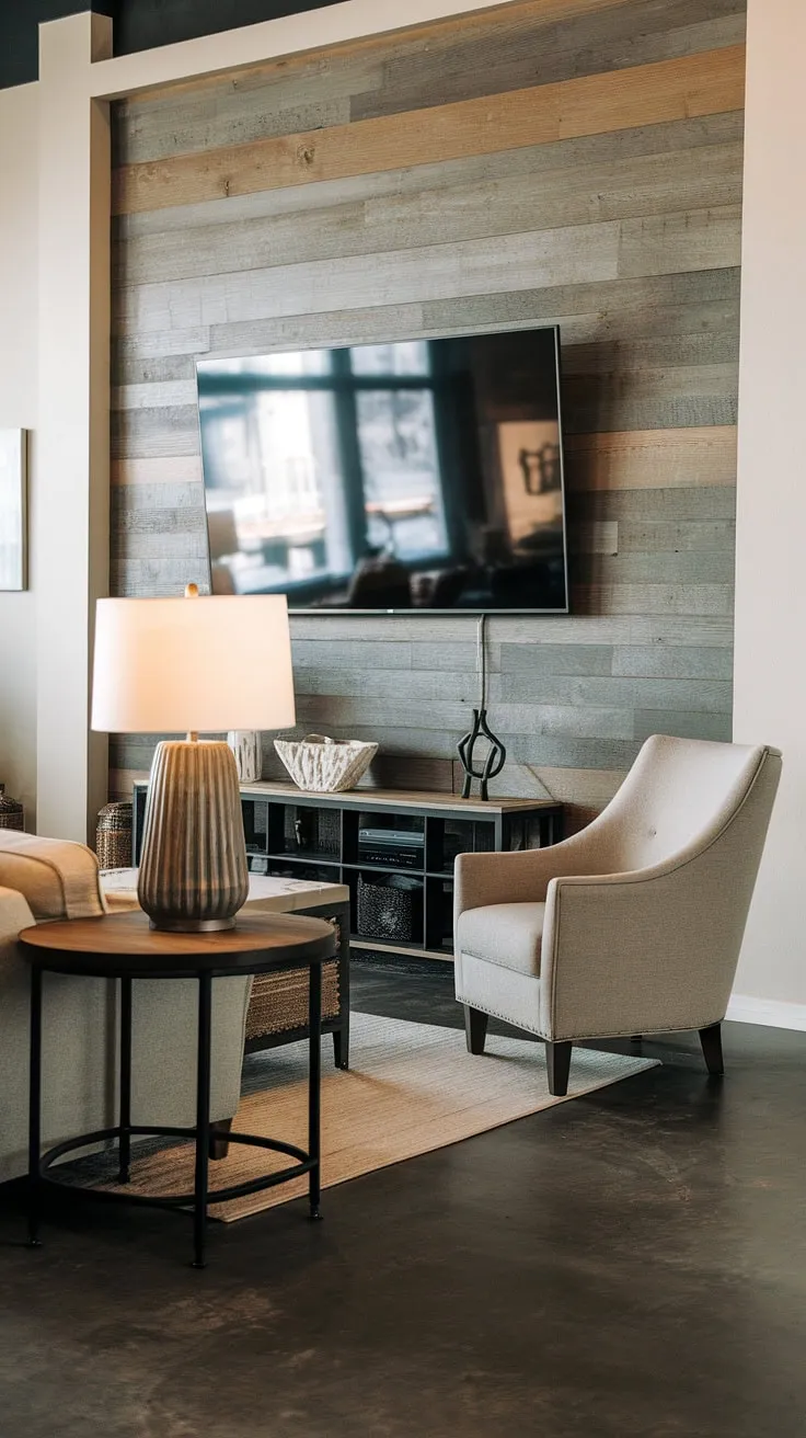 Warmth and style meet in this basement family room, where a stunning wood accent wall anchors the living room tv wall, creating the perfect backdrop for movie nights. The family room tv wall design elevates this basement living room.