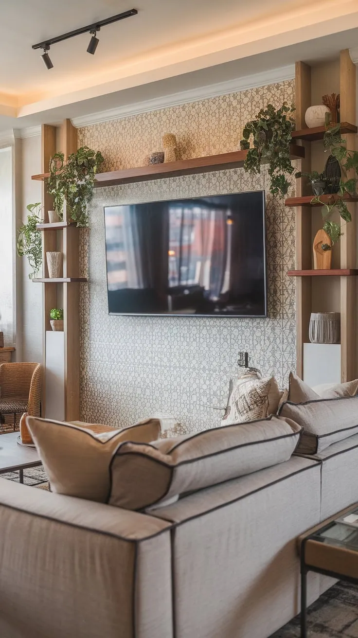 This basement family room boasts a stunning living room tv wall, featuring a patterned accent wall that perfectly complements the grey couch and wooden shelves. The thoughtfully chosen living room wall designs, including the green plants and decorative items, create a warm and inviting atmosphere ideal for family movie nights. The family room tv wall is the focal point, showcasing a perfect blend of style and functionality in this cozy basement living rooms space.