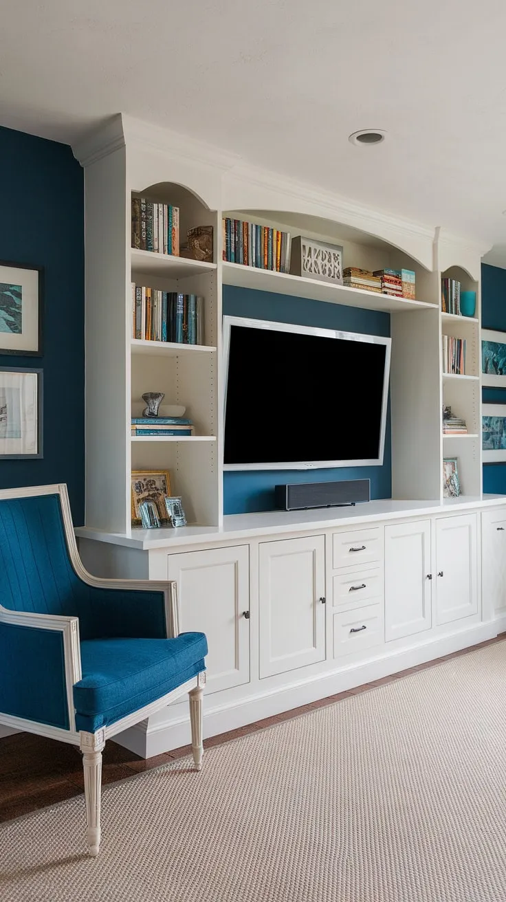 This basement family room boasts a stunning deep blue accent wall, a perfect example of living room wall designs for a cozy and stylish space. The white entertainment center complements the blue, creating a balanced basement family room decor. The blue chair adds a pop of color against the beige rug, completing this inviting living room tv wall setup.