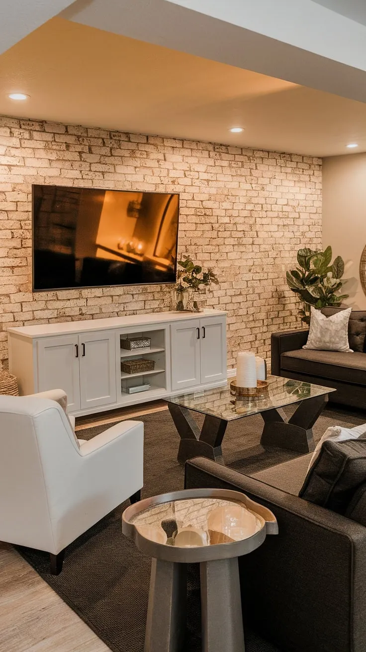 Transforming a basement into a stunning family room: This living room wall designs featuring a family room tv wall and accent walls in living room creates the perfect blend of rustic charm and modern comfort. Basement family room decor at its finest.