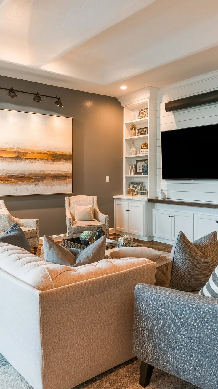 Warmth radiates from this basement family room decor, a cozy haven featuring comfortable seating and a living room tv wall that anchors the space. The living room wall designs incorporate an accent walls in living room, showcasing a large painting that complements the warm color palette and mixed textures. The family room tv wall is a focal point, perfectly sized for movie nights.