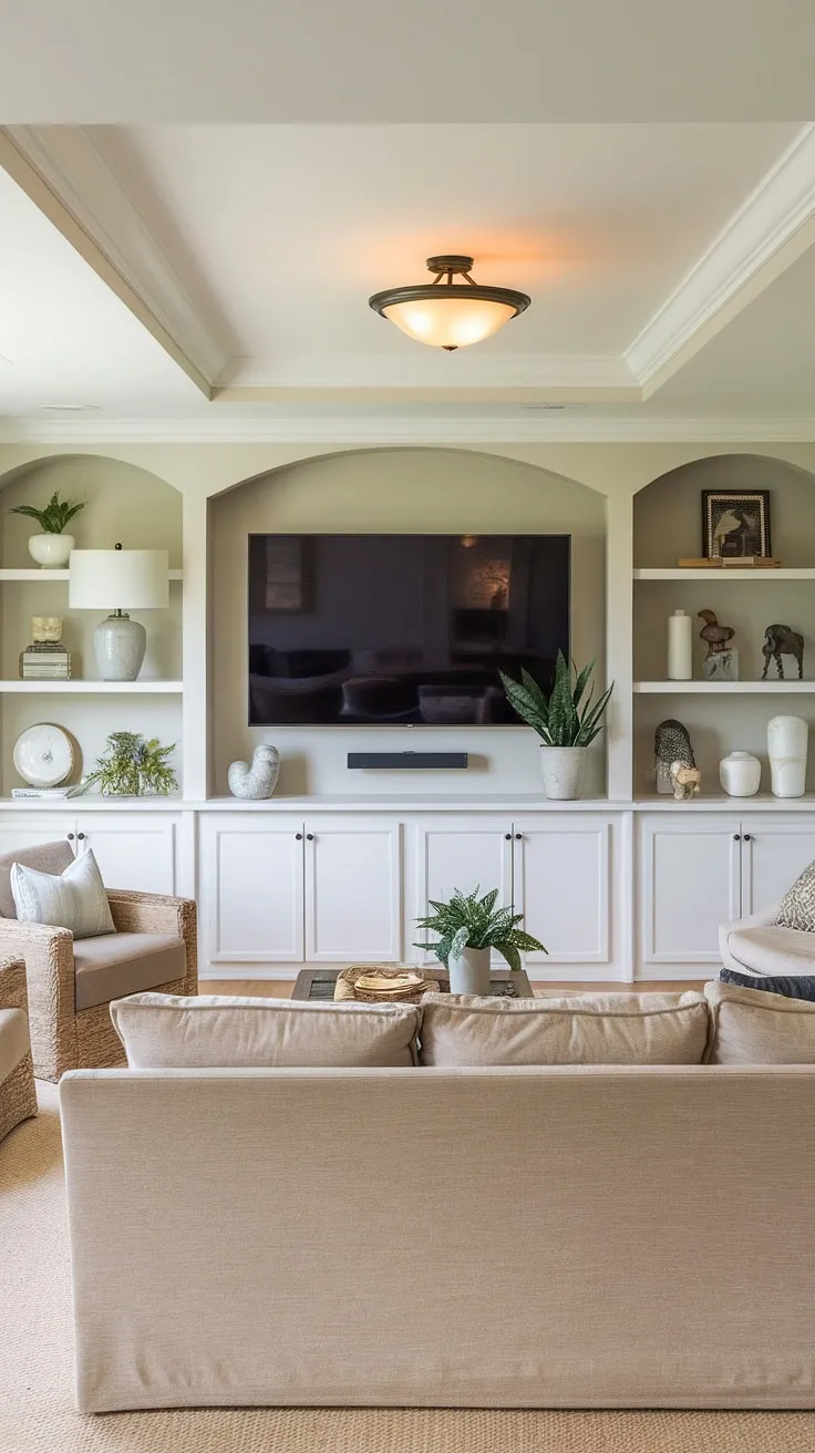 Transforming a basement into a haven: This living room tv wall is the focal point of this inviting basement living rooms space. Accent walls in living room don't get much better than this.