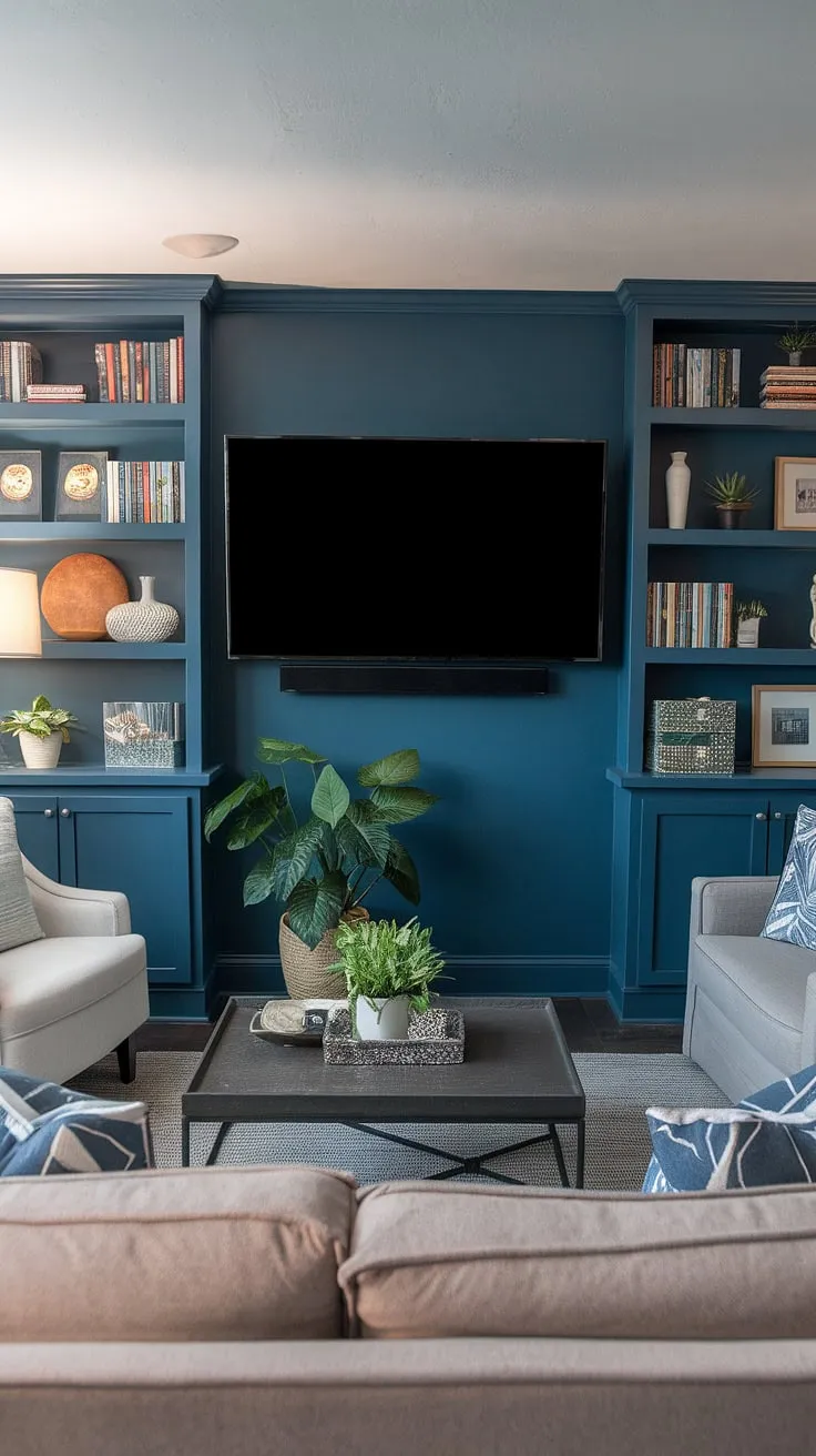 Basement living rooms get a luxurious upgrade with this family room TV wall design. The rich blue paint and thoughtfully curated shelves create a stunning living room wall design, showcasing the perfect blend of basement family room decor and sophisticated living room tv wall style.