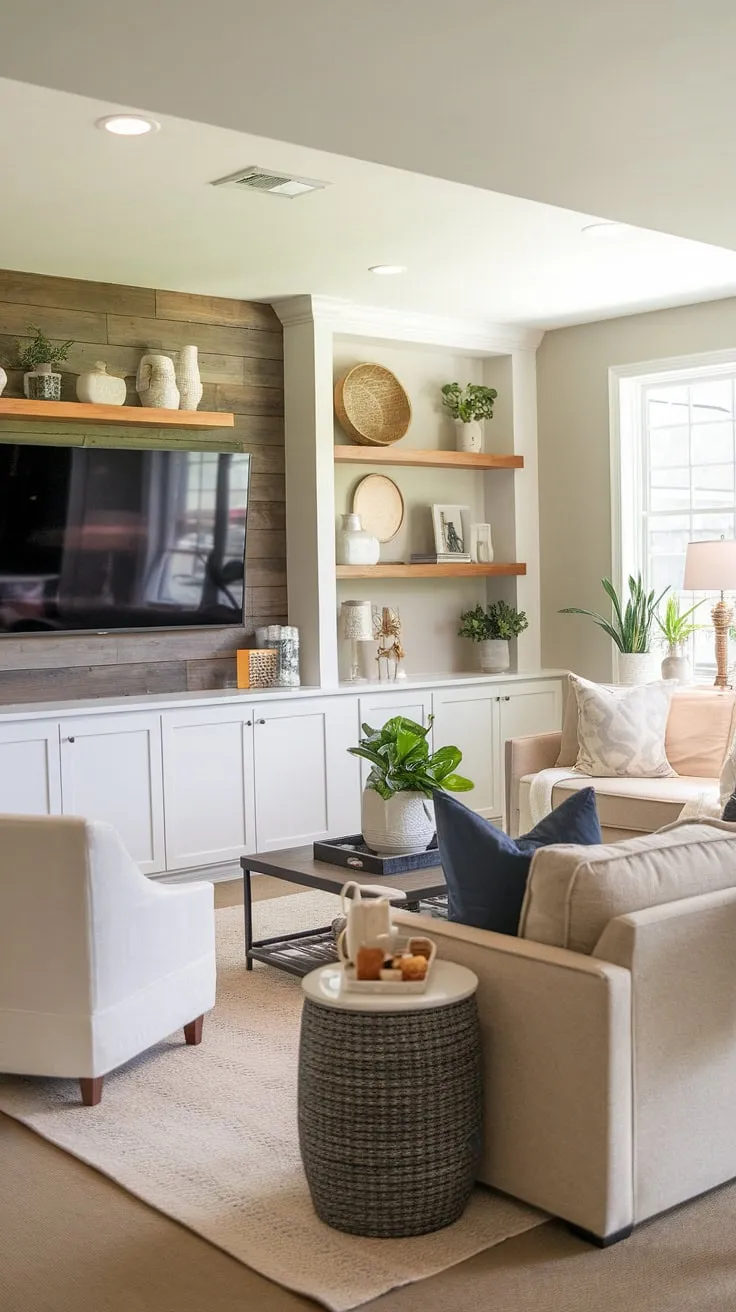 Cozy basement family room tv wall, complete with stylish living room wall designs and accent walls in living room details. The perfect blend of comfort and design for this basement living rooms space.