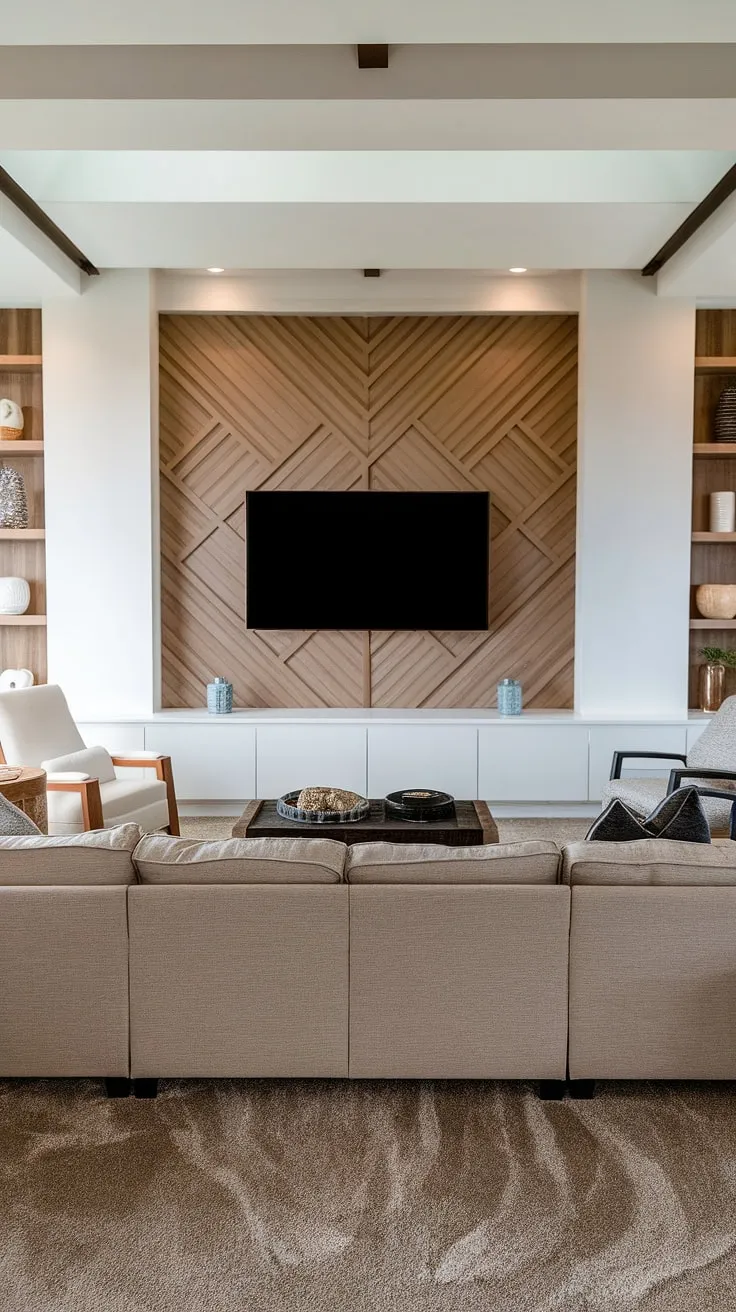 This basement family room boasts a stunning living room tv wall, featuring a modern design with wood paneling that creates a striking accent wall in living room. The plush carpet and comfortable seating complete the inviting atmosphere, making it the perfect space for family gatherings. The combination of wood and white elements throughout exemplifies stylish basement living rooms and innovative living room wall designs.