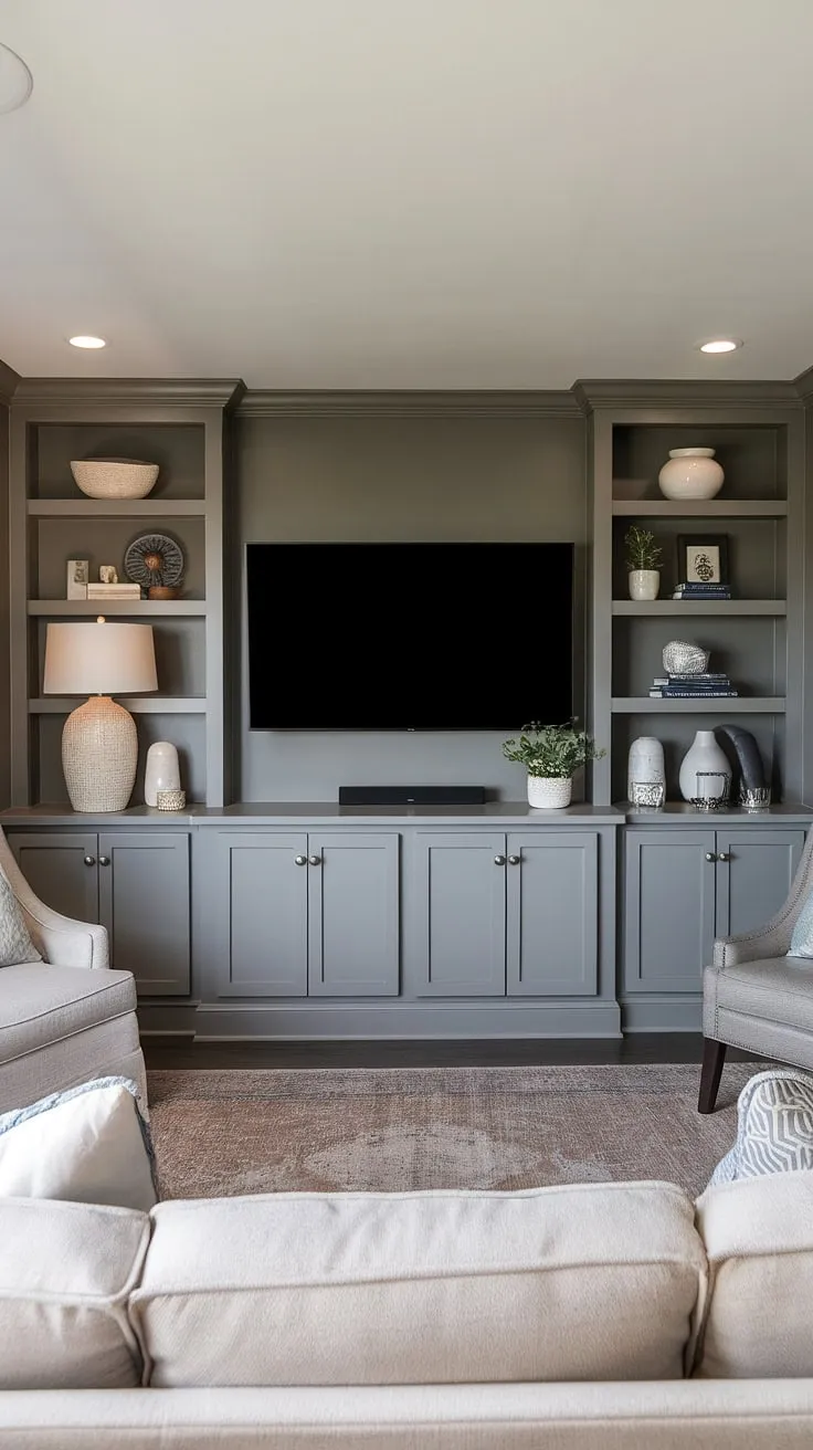 This basement family room's stunning TV wall, complete with built-in shelving, transforms the space into a cozy and stylish family gathering spot. The dark grey accent walls in living room create a sophisticated backdrop for this living room tv wall design.