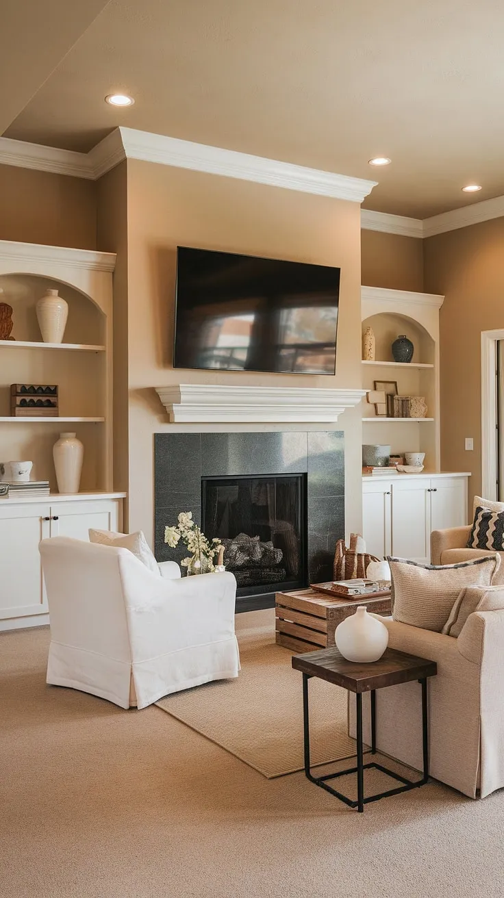 This basement family room decor perfectly balances comfort and style. The family room tv wall is a focal point, with a sophisticated dark gray fireplace and white mantel creating a cozy atmosphere. The neutral color palette, featuring beige walls and carpet, complements the living room wall designs. The addition of a white chair and beige couch provides ample seating, making it the perfect spot for family movie nights. This is a great example of how to incorporate accent walls in living room for a dramatic yet calming effect.