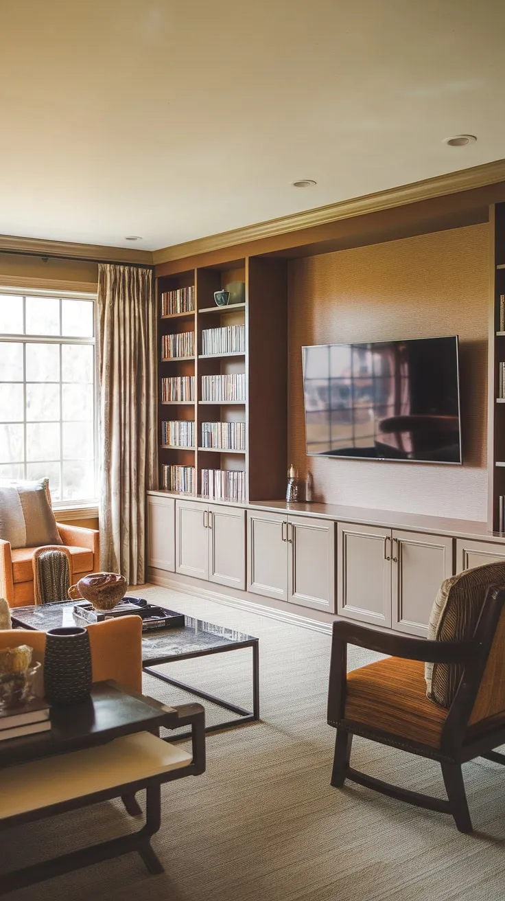 This basement family room boasts a stunning living room TV wall, complete with a built-in bookshelf and ample natural light. The design seamlessly blends functionality and aesthetics, making it an ideal space for family gatherings. The thoughtful living room wall designs, including the accent walls in living room, create a warm and inviting atmosphere within this cozy basement living rooms space. The overall decor perfectly complements the family room TV wall, resulting in a sophisticated and comfortable retreat.