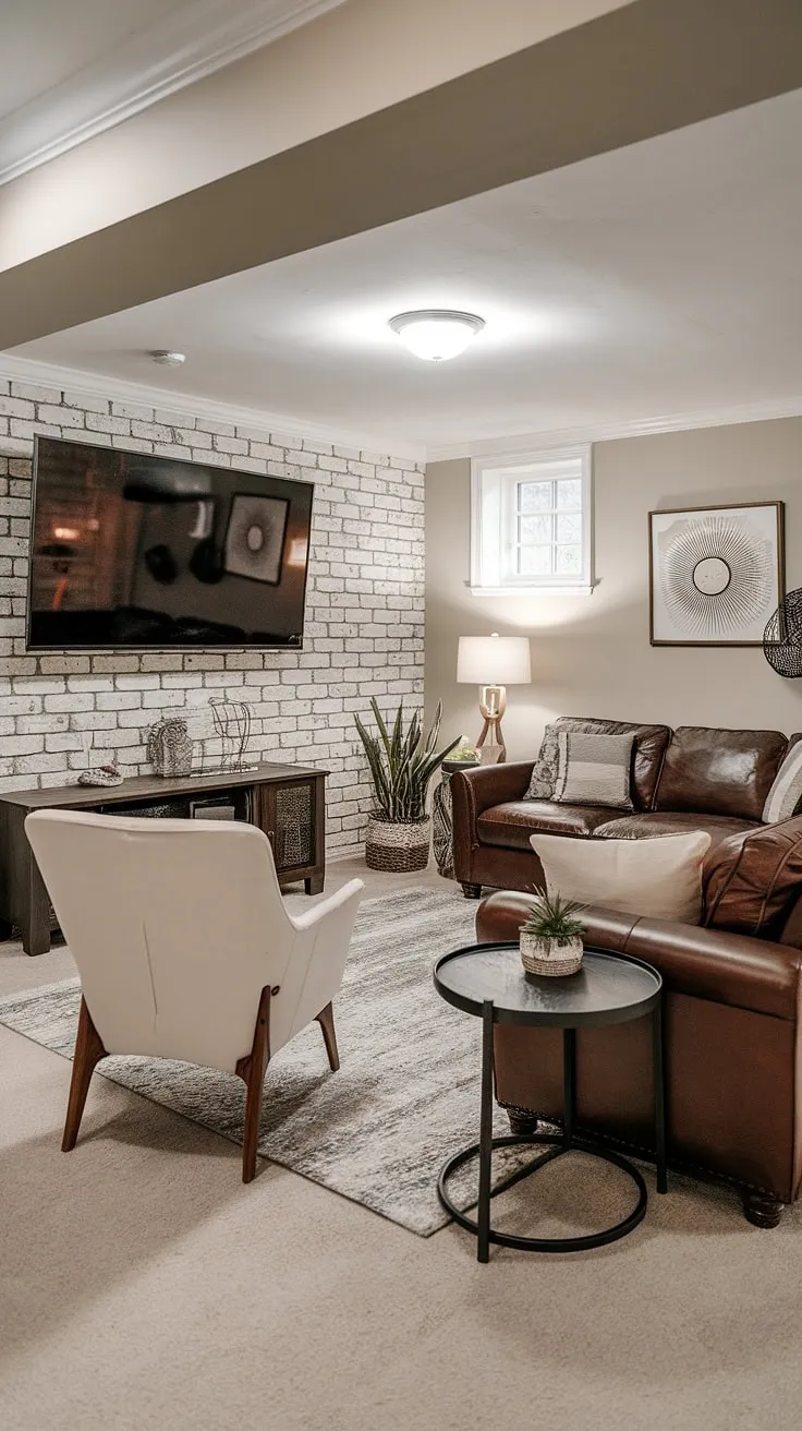 Transforming a basement into a functional and stylish living space is easy with the right design choices. This basement family room showcases a striking brick accent wall, a perfect example of accent walls in living room design. The family room tv wall anchors the space, while the comfortable seating arrangement, including a brown leather sofa and a white chair, creates a welcoming atmosphere. The carefully curated basement living rooms decor, including a plant and side table, completes the look, making this a perfect example of how to create a cozy and inviting space.