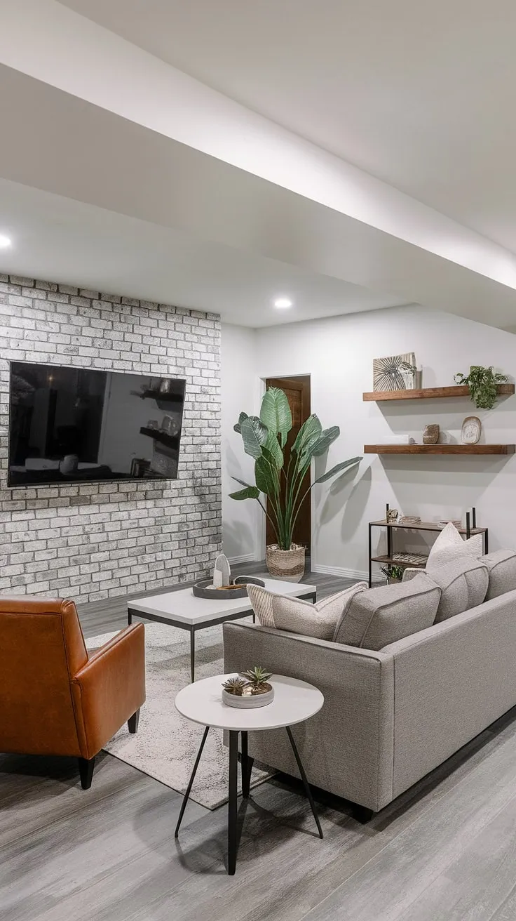 Cozy basement family room tv wall, complete with stylish living room wall designs and a touch of rustic charm from the accent walls in living room. This basement living rooms setup is perfect for family movie nights.