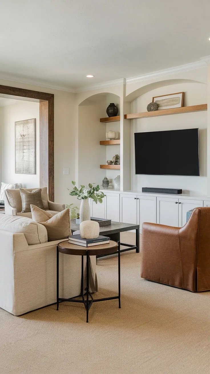 This basement living rooms design showcases a beautiful family room tv wall, highlighting creative living room wall designs and accent walls in living room. A perfect blend of comfort and style.