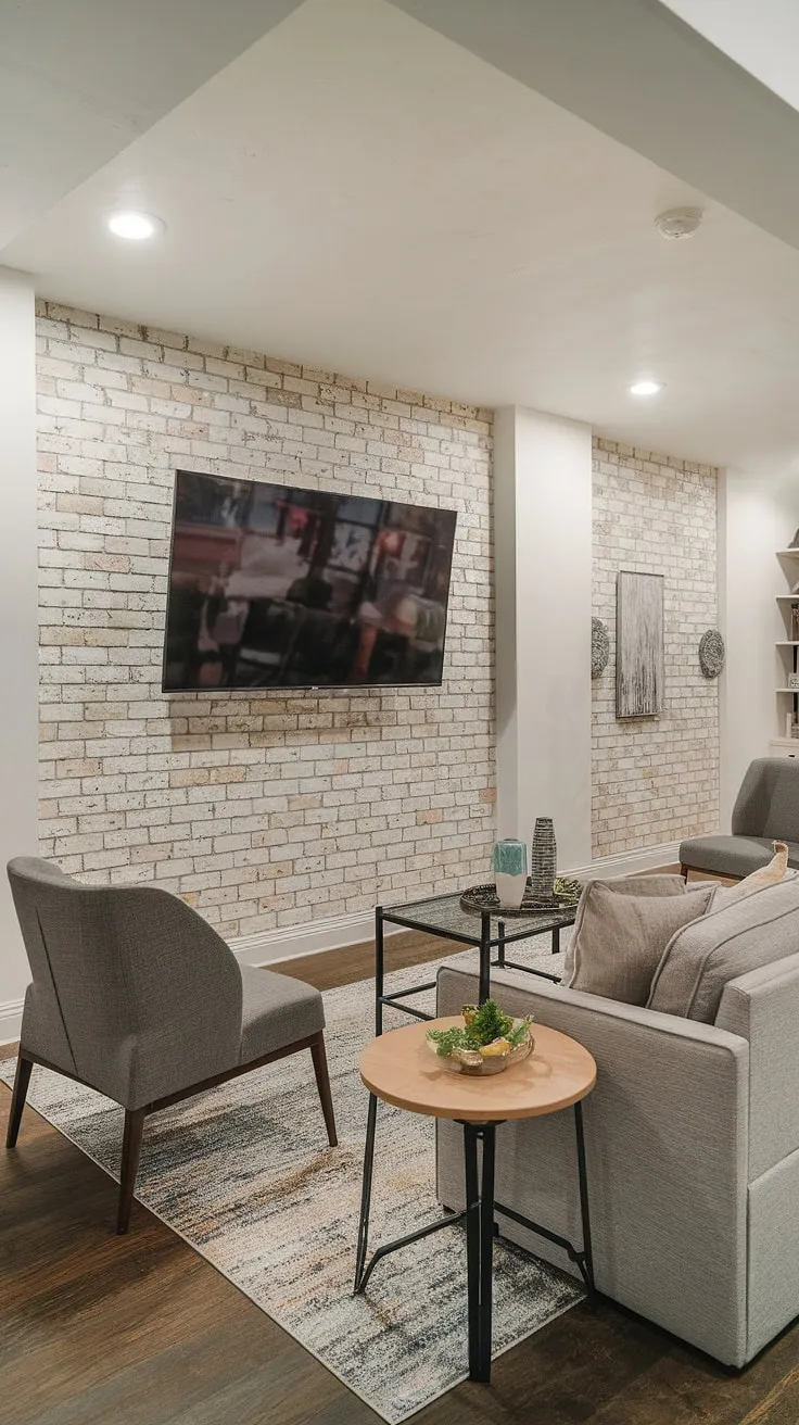 Transforming a basement into a cozy family room? This living room wall designs featuring a family room tv wall is the perfect inspiration. The brick accent wall and comfortable seating create the ultimate basement family room decor for movie nights and family gatherings.