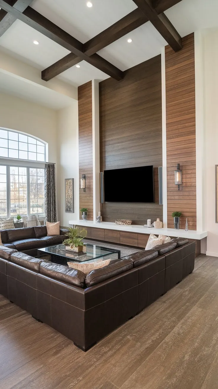 This basement family room boasts a stunning living room tv wall, featuring rich wooden paneling as a striking accent wall in living room. The dark brown sectional sofa perfectly complements the high ceilings and wooden floors, creating a cozy and sophisticated atmosphere. The glass coffee table adds a touch of modern elegance to this well-designed basement living rooms space. The overall design showcases creative living room wall designs ideal for family room tv wall setups.