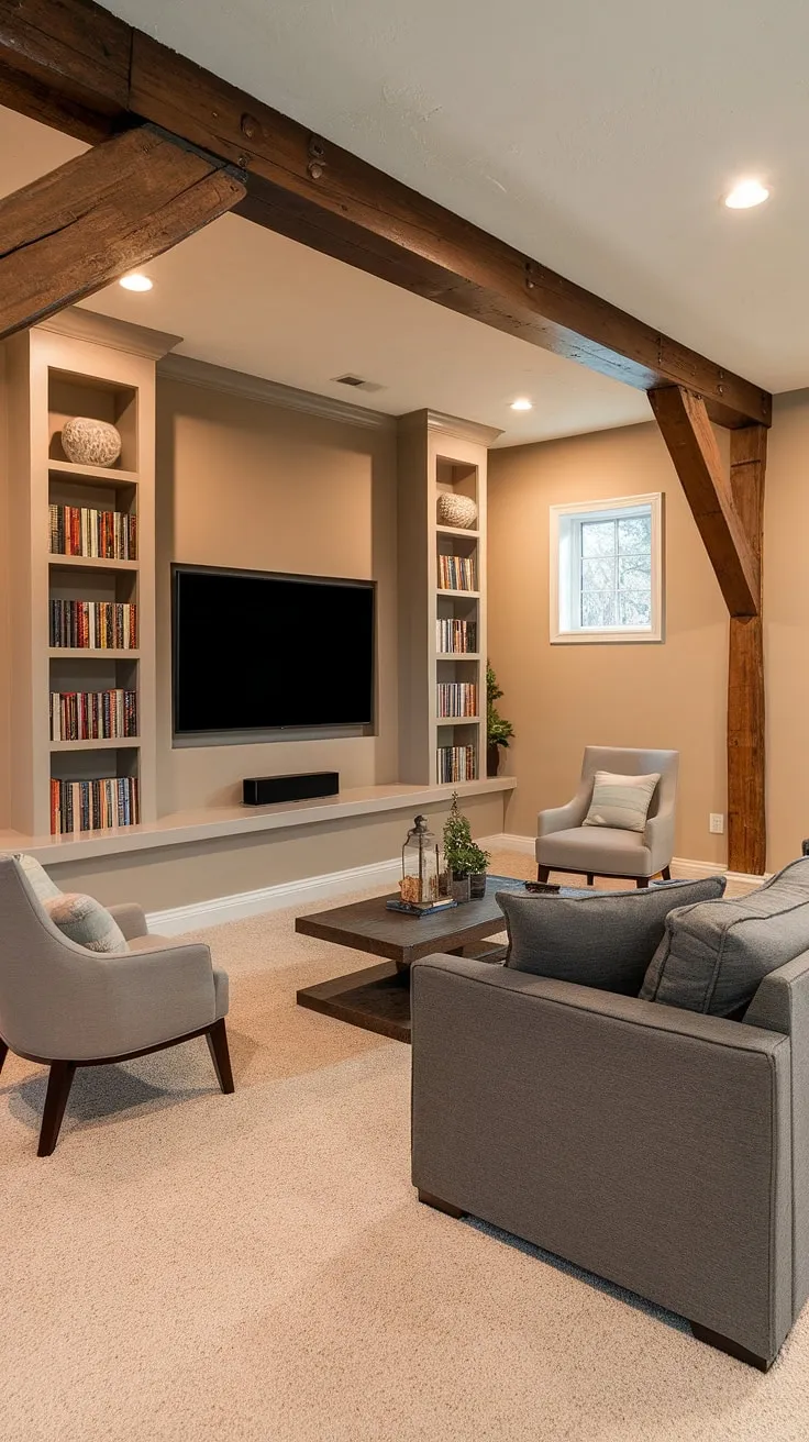 This basement family room boasts a stunning living room tv wall as its centerpiece. The custom-designed unit, with its integrated bookcases and large TV opening, is a highlight of this basement living rooms design. The rustic wooden beam and small window add character, while the gray sofa and coffee table provide comfortable seating. This clever use of accent walls in living room creates a warm and inviting space, perfect for family movie nights. The overall basement family room decor is both stylish and functional.