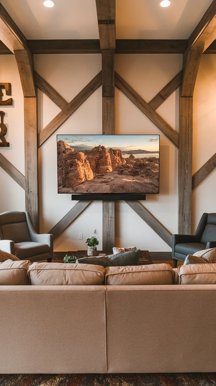 This family room tv wall is a showstopper! The rustic wooden beams add character to this basement family room decor, making it the ultimate cozy retreat. Accent walls in living room don't get much better than this.