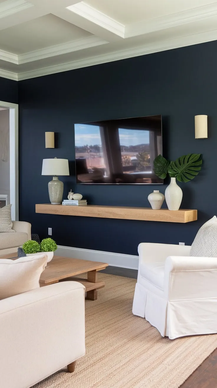 This basement family room boasts a striking deep navy accent wall, showcasing a sophisticated living room tv wall design. The floating wooden shelf above the TV, adorned with a simple yet elegant arrangement of a lamp, plant, and vase, adds a touch of warmth to the otherwise bold color. The beige couch, white chair, and wooden coffee table create a cozy and inviting atmosphere, perfectly complementing the living room wall designs and overall basement living rooms aesthetic.