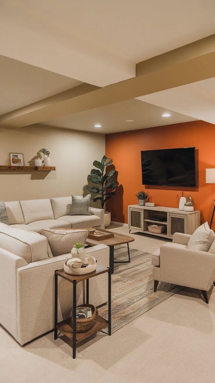 Cozy basement family room tv wall, complete with warm beige tones and thoughtful basement family room decor. The living room tv wall's orange accent adds a pop, showcasing stylish living room wall designs perfect for basement living rooms.