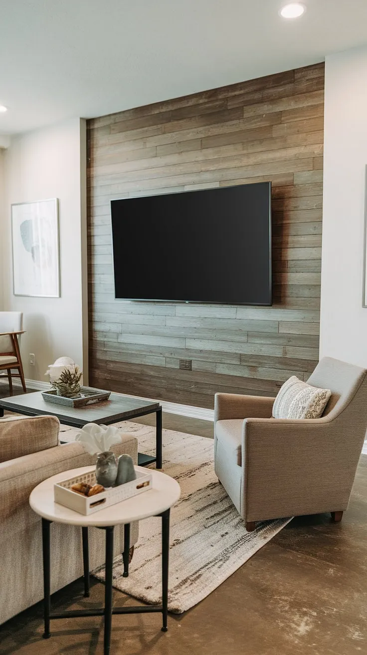 This basement family room decor perfectly balances style and functionality. The family room tv wall, featuring a striking wood accent wall, is a focal point, yet the overall design feels relaxed and welcoming. The thoughtful living room wall designs and choice of furniture create a comfortable and stylish basement living rooms space, ideal for both relaxation and entertainment.