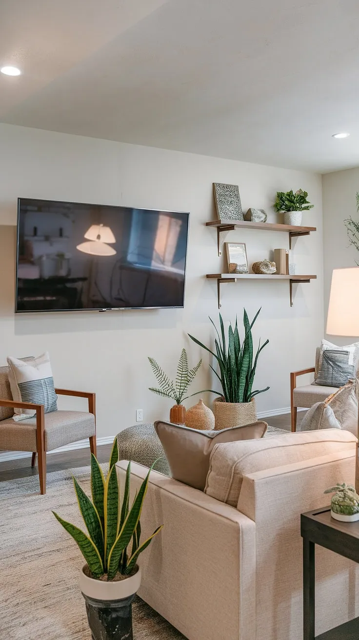 Transforming a basement into a haven! This basement family room decor showcases a stunning living room wall designs featuring a large TV mounted on the family room tv wall. The addition of plants and a lamp, along with a plush rug, creates a warm and inviting atmosphere. This is a perfect example of how to maximize space and style in basement living rooms.