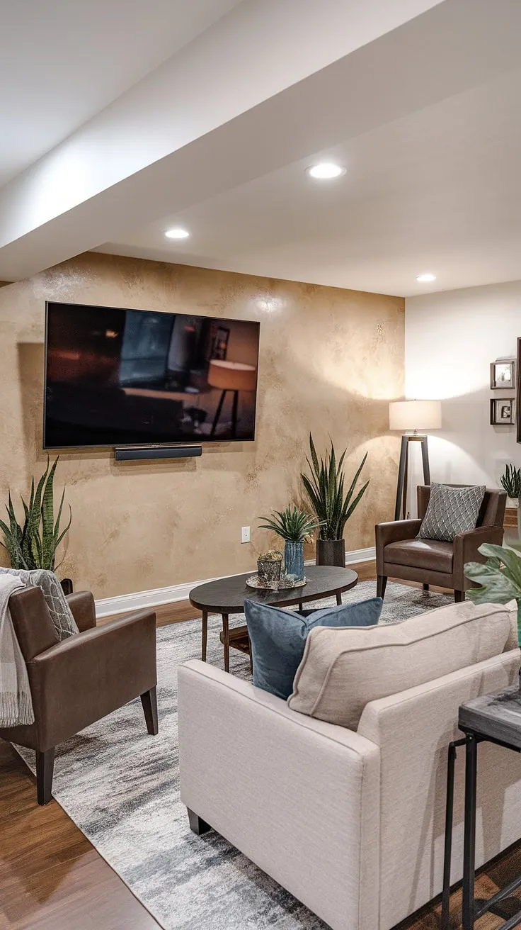 Transforming a basement into a welcoming family room? This living room tv wall, complete with accent walls in living room texture, proves that basement living rooms can be stylish and comfortable. The perfect family room tv wall design.