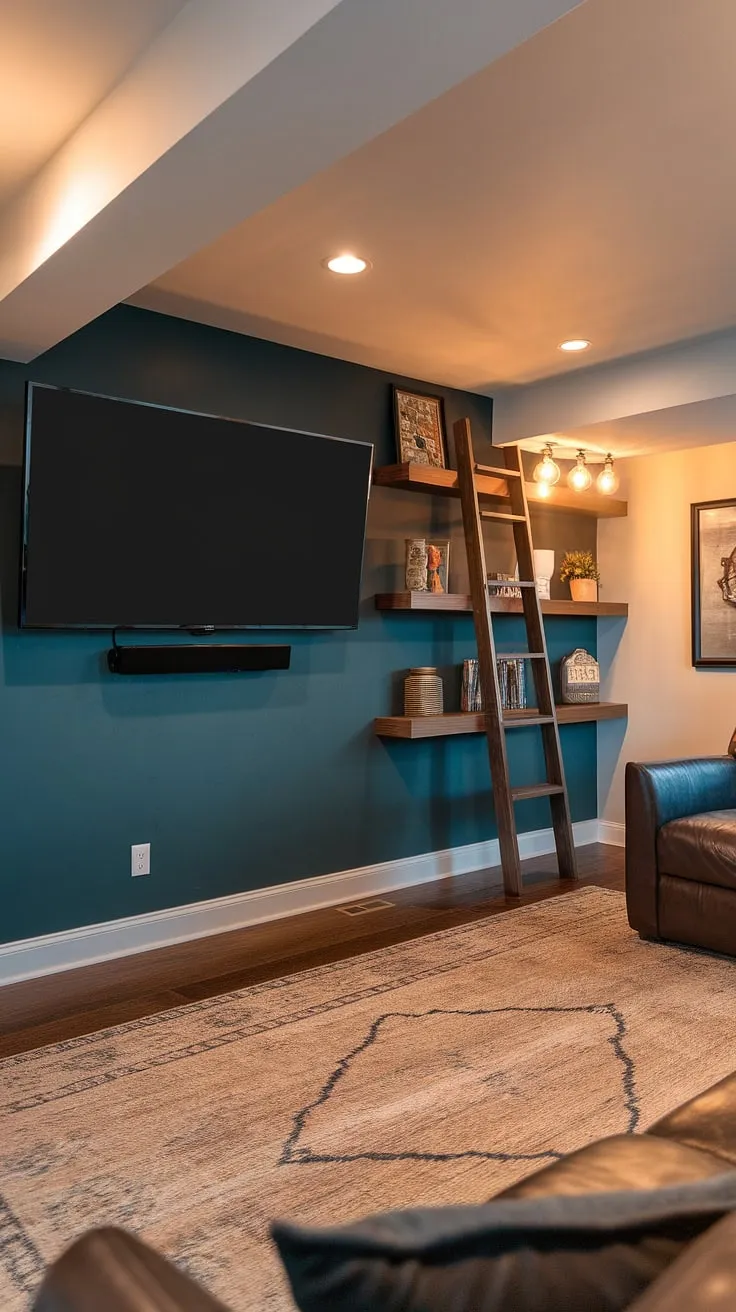 Cozy basement family room decor complete with a stunning dark blue accent wall in living room, showcasing the perfect family room tv wall. This living room tv wall design elevates the space, transforming this basement living rooms into a warm and inviting hub.