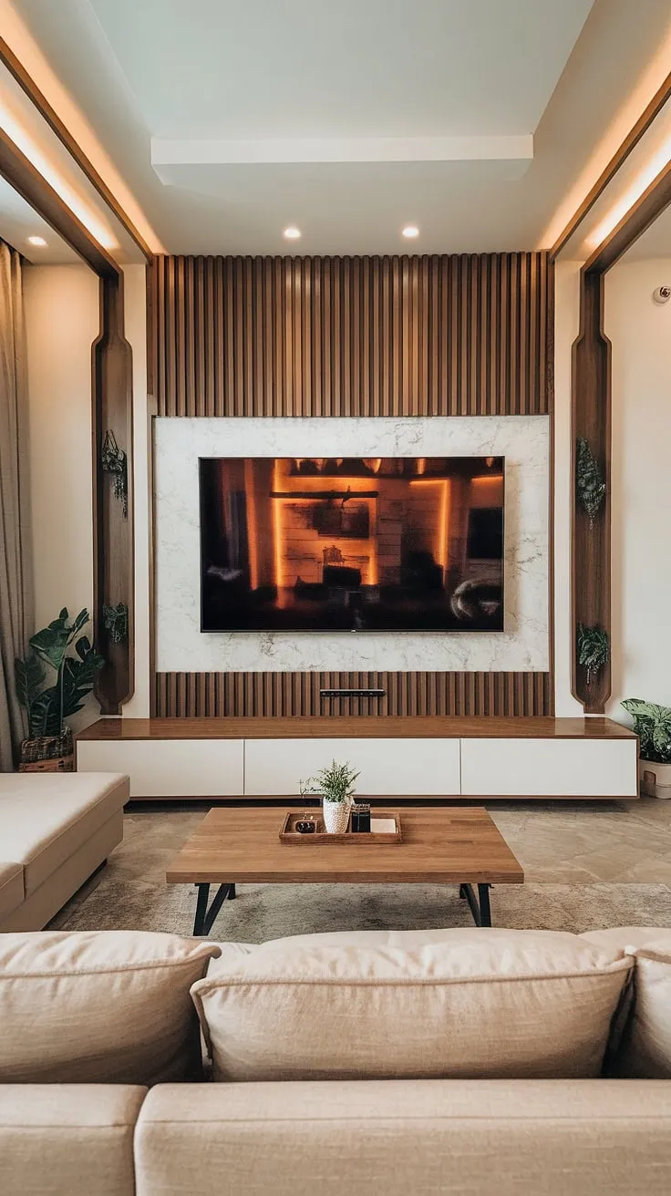 Warm lighting illuminates this inviting basement family room, showcasing a stunning living room tv wall design. The blend of wood and white elements, including a striking wooden accent wall behind the beige sofa, creates a modern and cozy atmosphere. The family room tv wall is a focal point, perfectly complementing the overall basement living rooms decor.