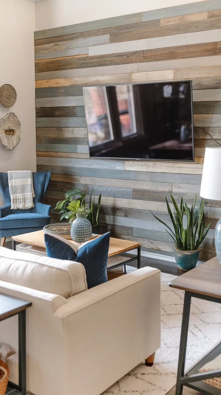 This basement family room boasts a stunning rustic wood paneling accent wall, creating a warm and inviting atmosphere for family movie nights. The living room tv wall is the focal point, perfectly complementing the beige sofa and blue accent chair. The living room wall designs, including the thoughtful placement of plants and a stylish lamp, contribute to the cozy ambiance. This basement living rooms design showcases how to effectively incorporate a family room tv wall into a comfortable and stylish space.