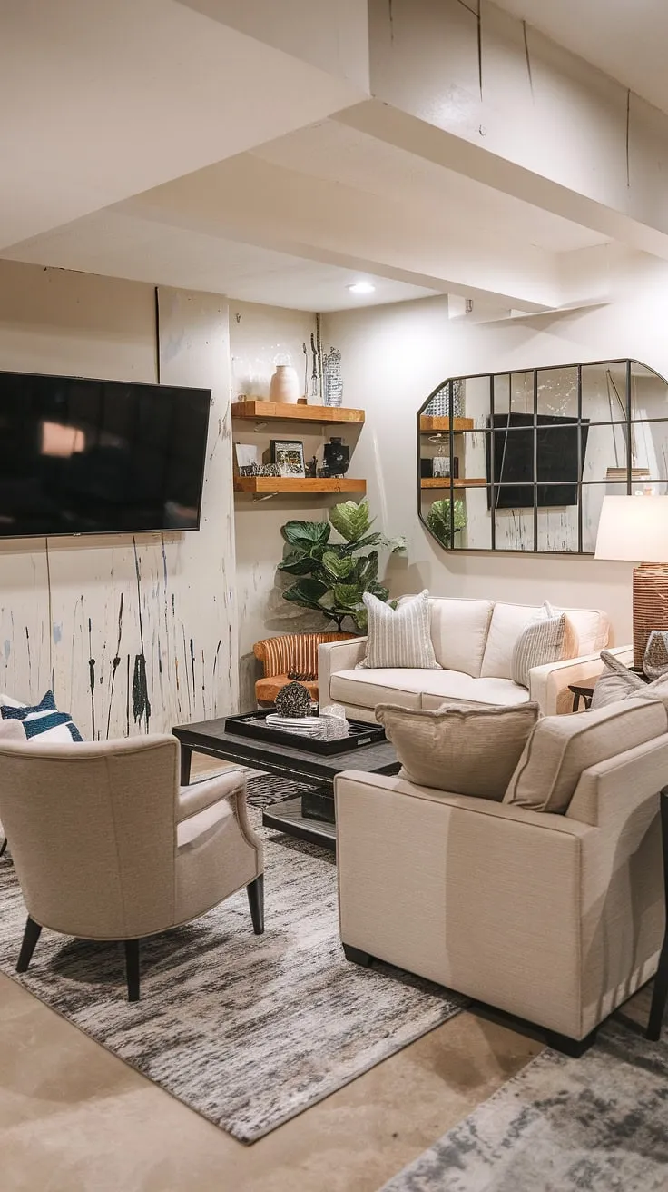 Transforming a basement into a warm and inviting family room. This basement family room decor features a captivating living room tv wall, perfect for movie nights. The accent walls in living room add character to this unique basement living rooms design.