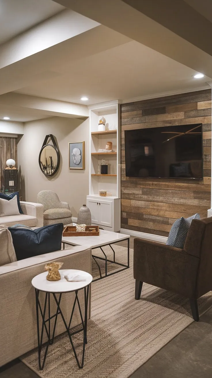 Cozy basement family room decor complete with a stunning living room tv wall featuring a wood accent wall. This family room tv wall design perfectly complements the basement living rooms aesthetic.