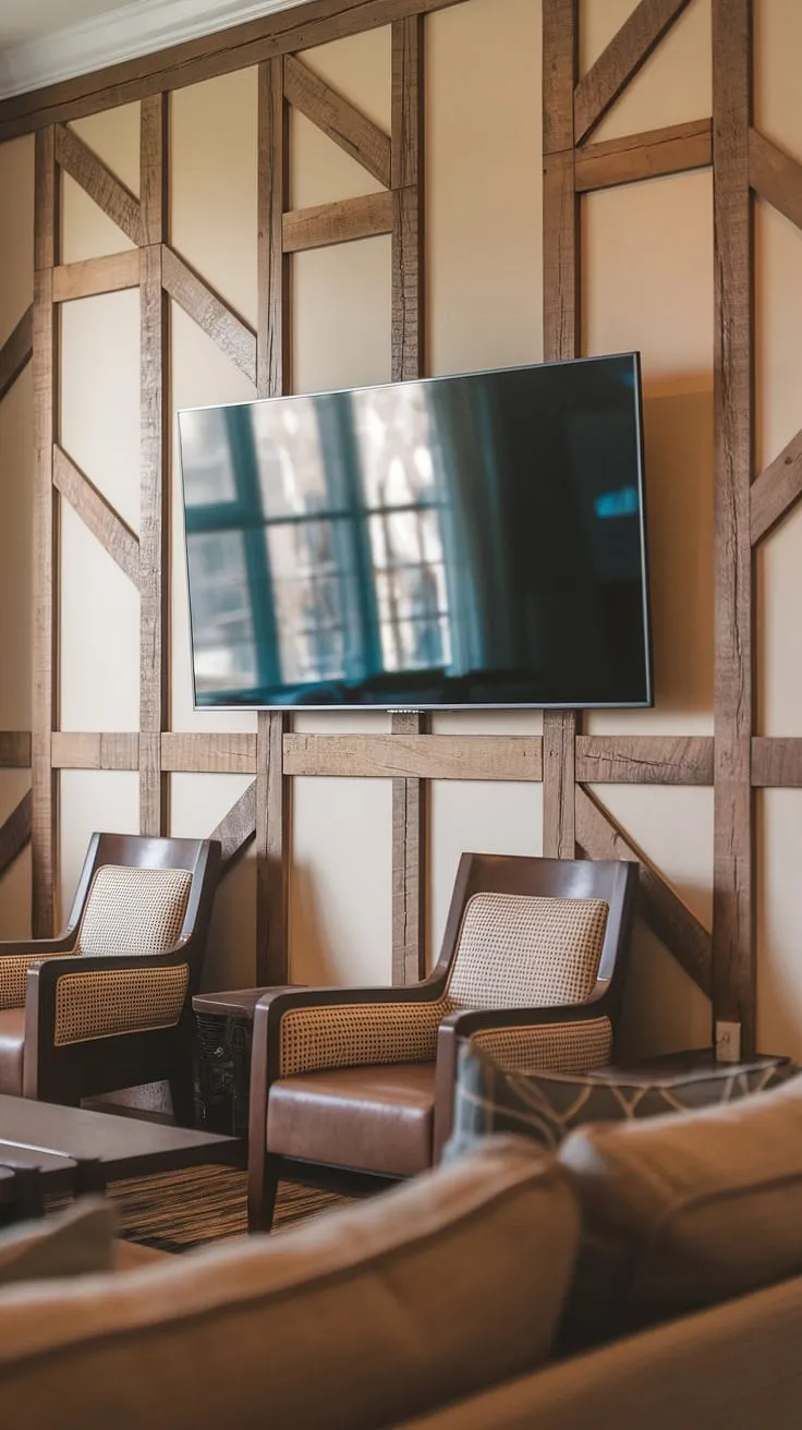 This basement living rooms transformation is complete! The living room tv wall, with its striking wooden beam design, is the star of this cozy family room. The living room wall designs add rustic charm, creating the perfect atmosphere for family movie nights. This basement family room decor is a testament to thoughtful living room tv wall design.