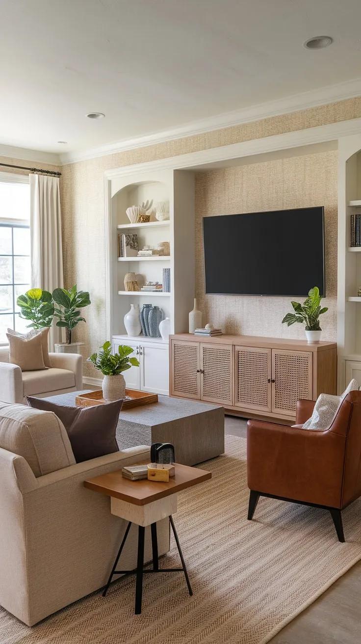 Transforming a basement living room into a warm and inviting space with this family room tv wall. The living room wall designs and accent walls in living room create a perfect backdrop for family movie nights.