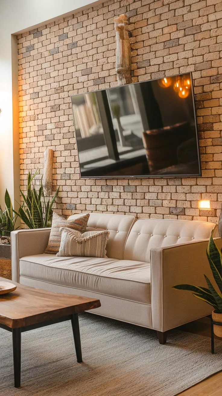 Warm lighting illuminates this cozy basement family room, where a large TV is mounted on a striking brick accent wall. The living room tv wall serves as a focal point, complementing the beige sofa and wooden coffee table. This basement living rooms design showcases creative living room wall designs and perfectly blends comfort with style.