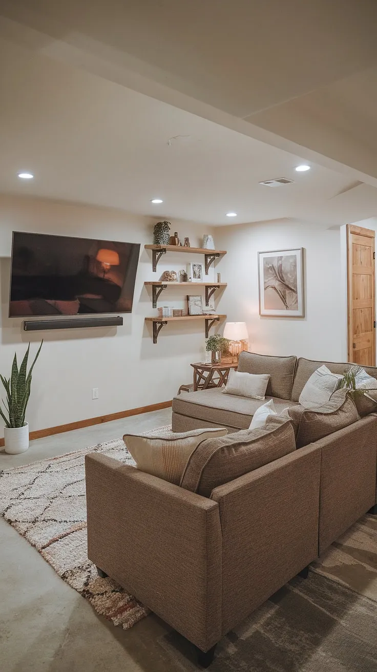 Transforming a basement into a functional and stylish living space. This basement living rooms design showcases a captivating living room wall designs featuring a large TV mounted above built-in shelves. The family room tv wall is a focal point, enhanced by the carefully curated basement family room decor, creating a welcoming atmosphere for family movie nights.